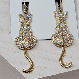 Bella Jack Rhinestone Kitty Cat Earrings NWT Gold Pierced